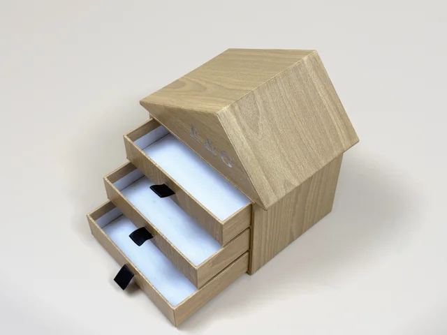 House-shaped drawer box — open view